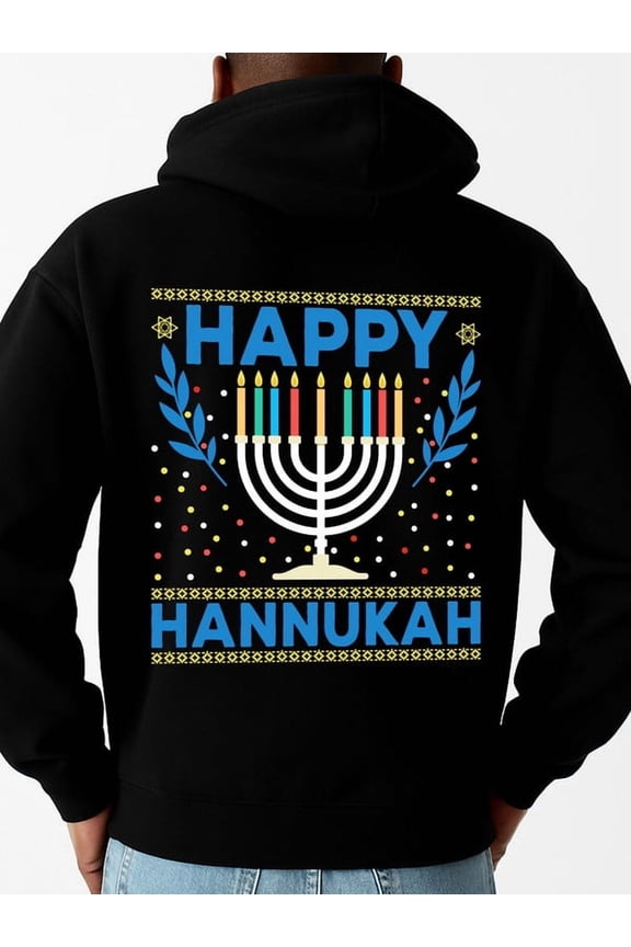 Happy Hanukkah hoodies men's polyester black Fabric for Casual & Athletic Wear, Hoodie, Everyday Comfort graphic Vintage Unisex Shirt Cotton tshirts