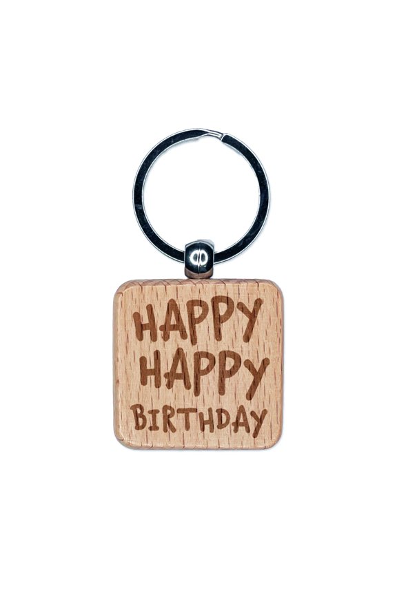 Happy Happy Birthday Cute Text Square Keychain Charm Tag - Engraved Wood