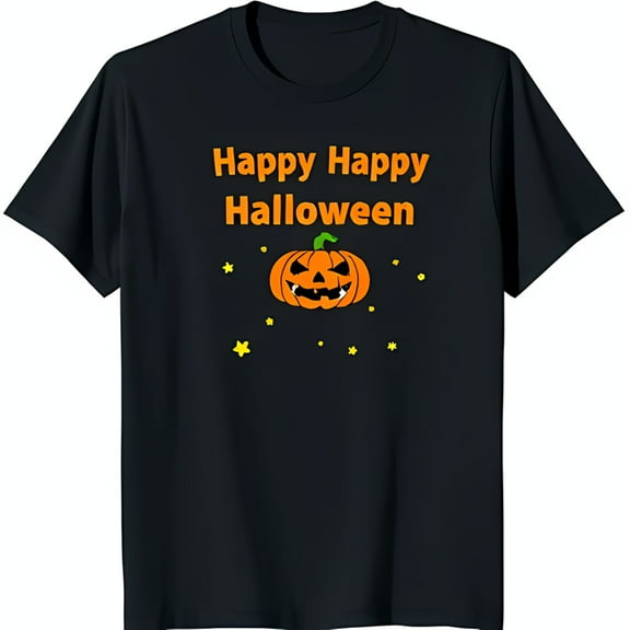 Happy Happy Halloween Black T-Shirt with O & Stars Design