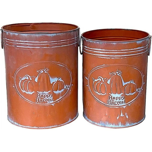 Happy Harvest Buckets Large Metal Burnt Orange Pumpkin Designed Set of 2 Containers Thanksgiving Fall Decorative Organizer