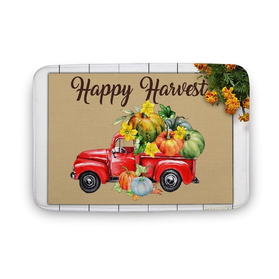 Happy Harvest Doormat, Autumn Welcome Mat, Red Truck Pumpkins Fall Autumn Thanksgiving Day Gift,Indoor Doormat,Front Back Door Mat 16”x24”