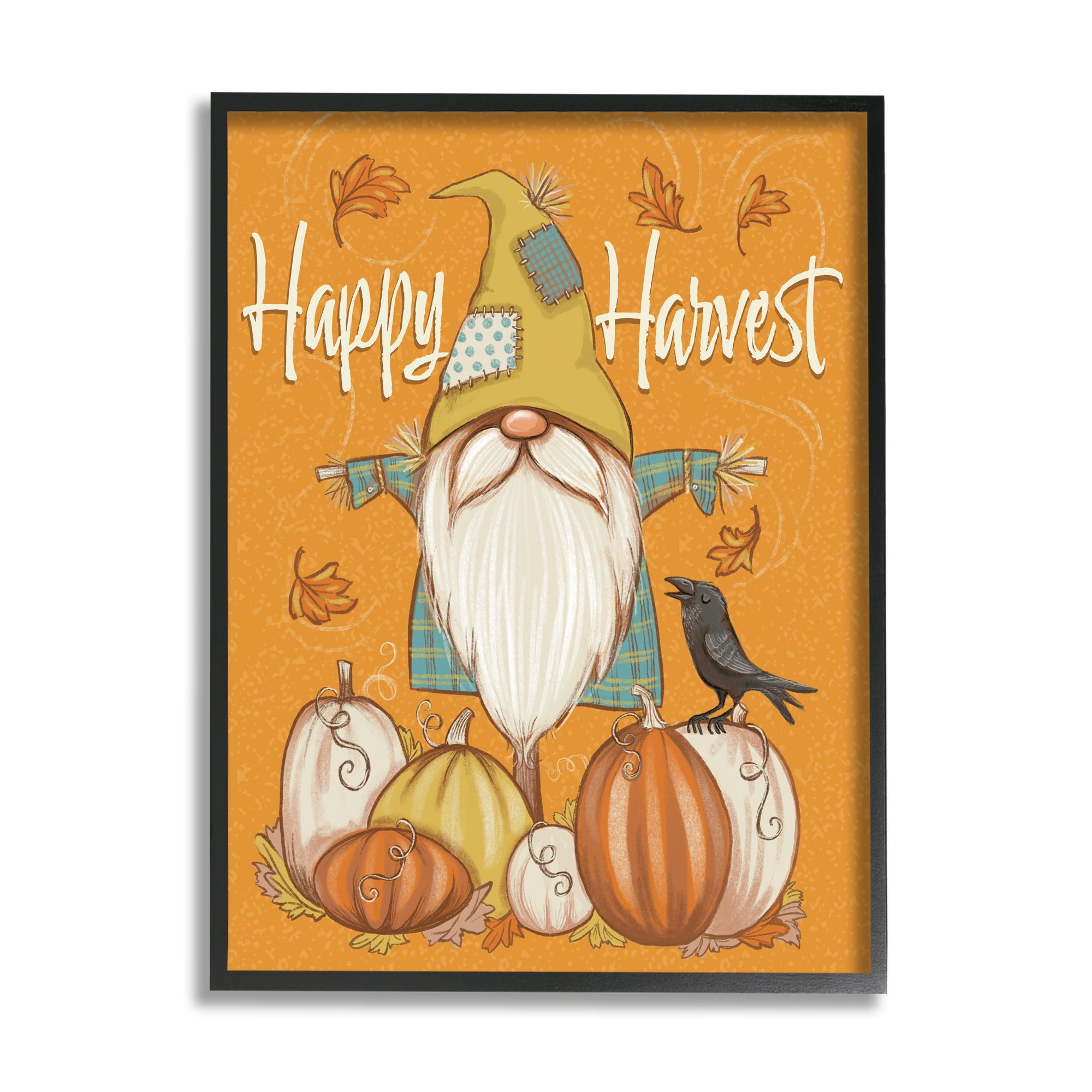 Happy Harvest Scarecrow Gnome Seasonal Pumpkins Crow Botanical & Floral Graphic Art Framed Art Print Wall Art