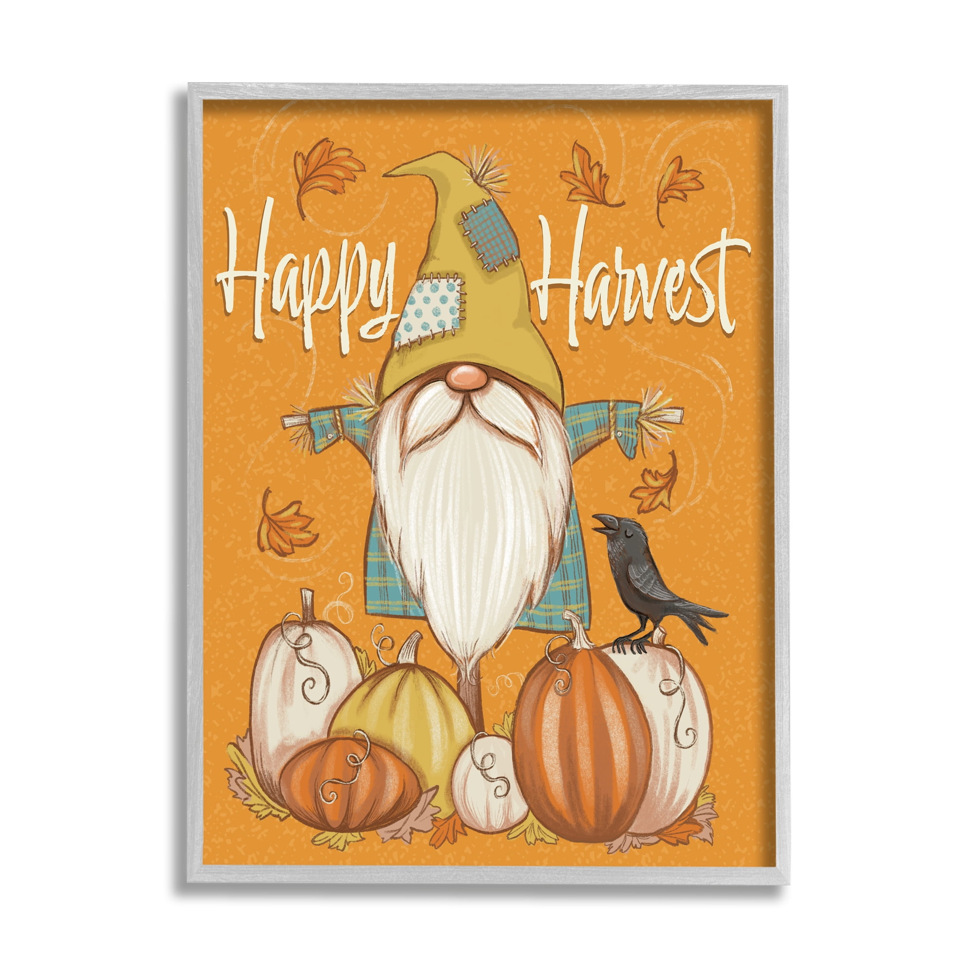 Happy Harvest Scarecrow Gnome Seasonal Pumpkins Crow Botanical & Floral Graphic Art Framed Art Print Wall Art