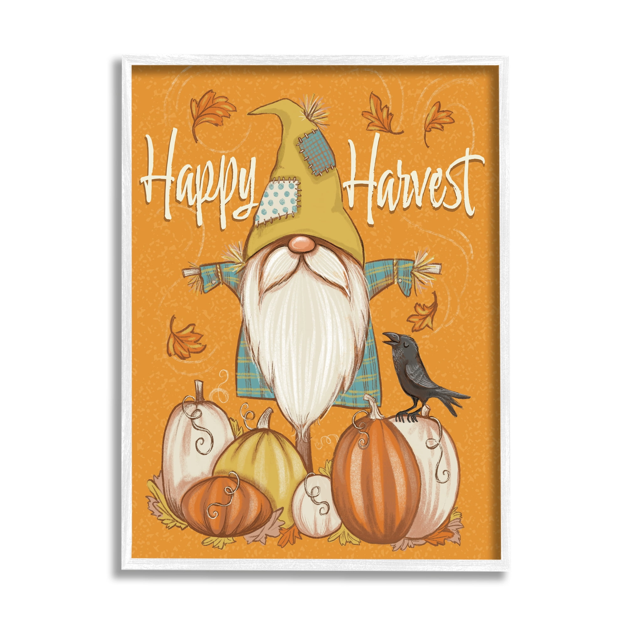 Happy Harvest Scarecrow Gnome Seasonal Pumpkins Crow Botanical & Floral Graphic Art Framed Art Print Wall Art