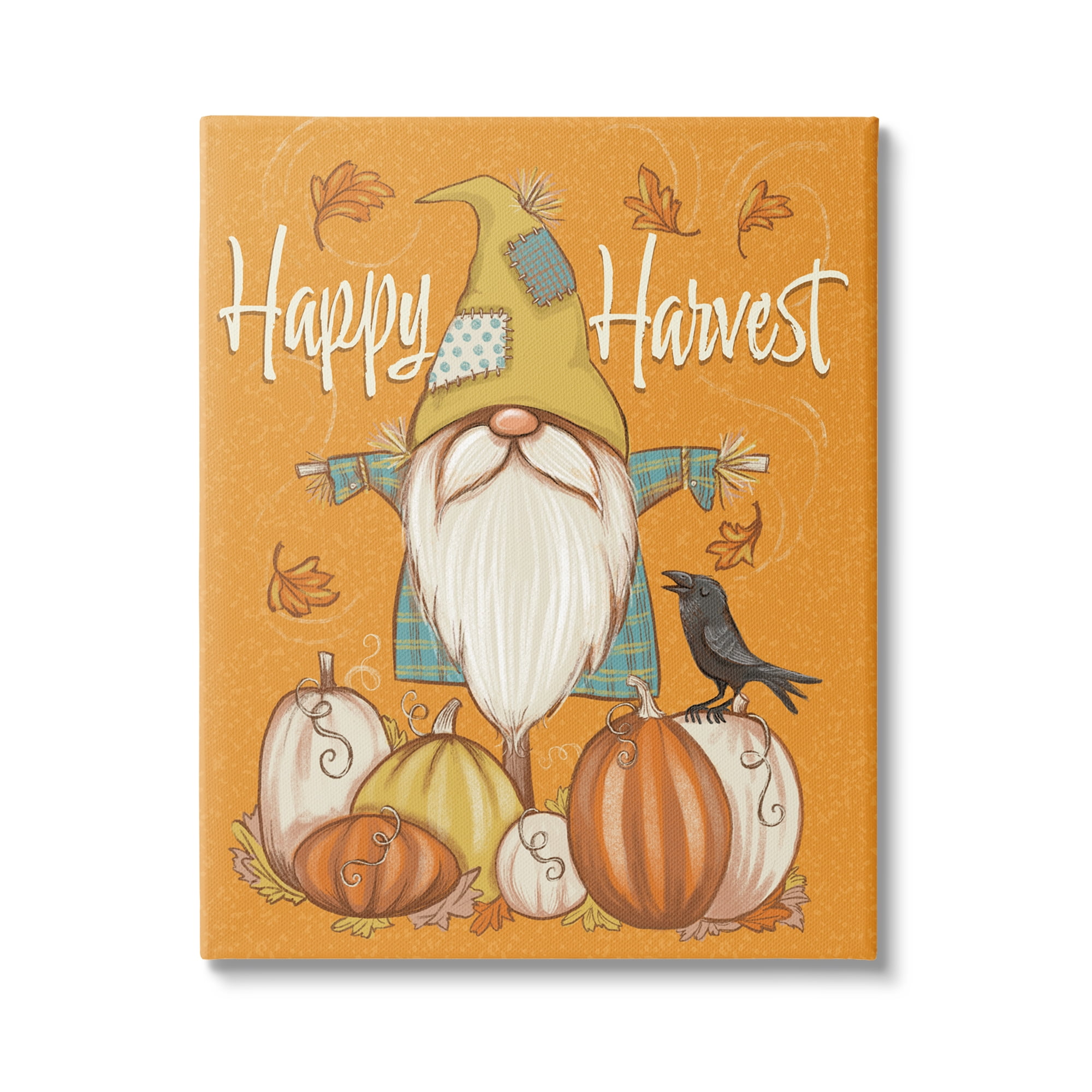 Happy Harvest Scarecrow Gnome Seasonal Pumpkins Crow Botanical & Floral Graphic Art Gallery-Wrapped Canvas Print Wall Art