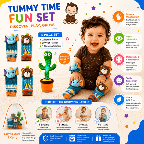 Happy Hatch Baby Rattle Socks & Wrist Rattles Set with Musical Cactus Toy, 5-Piece Sensory Tummy Time Toys for Newborn Babies, Infant Developmental Learning Gift Set