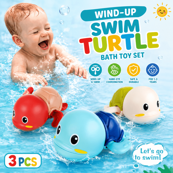 Happy Hatch Wind-Up Swim Turtle Bath Toys for Toddlers 1-3, 3-Pack Colorful Swimming Turtle Water Toys, Floating Bath & Pool Toys for Kids, Preschool Water Play Gift