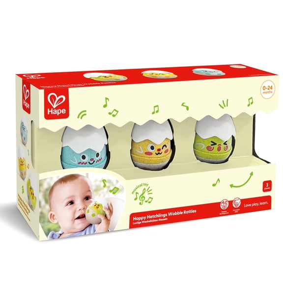 Happy Hatchlings Wobble Rattles - 3pc, Colorful Eggs With Shells, Sounds & Rattle Play, Expressive Facial Emotions, Infant, Baby, Toddler Ages 0mo+
