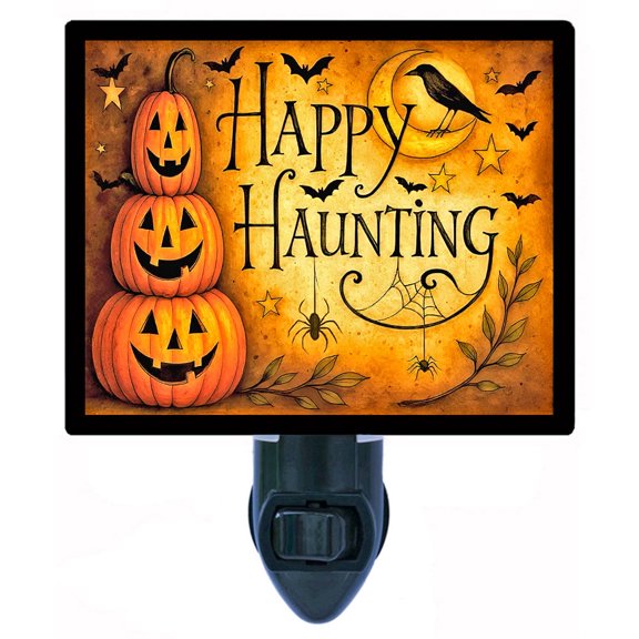 Happy Haunting Night Light Stacked Jack-O-Lanterns and Crow Halloween Scene Holiday Dcor with Free Switchable Insert