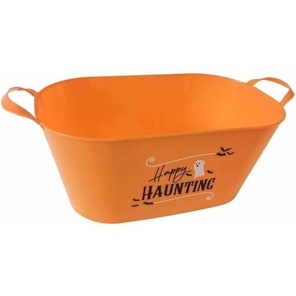 Happy Haunting Orange Oval Bucket with Handle Sentiment Plastic Buckets Handles Gifts Gift Baskets Storage Organizer Containers Party Favor Halloween Holiday Themed Plastic Bucket Decorations
