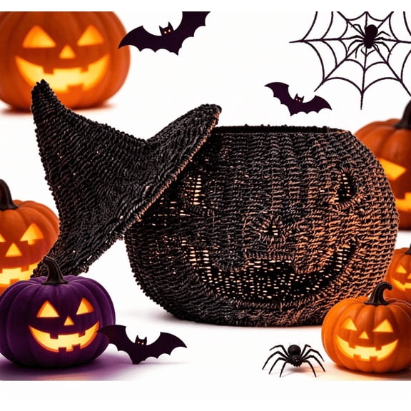 Happy Haunting Seagrass & Metal Pumpkin Decor, Halloween Jack-O-Lantern Pumpkin Basket Gift, Cool Halloween Basket Decoration, Halloween Decorations for Outdoor Indoor (1Pcs)