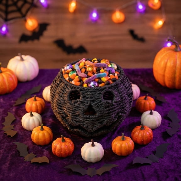 Happy Haunting Seagrass Woven &Metal Pumpkin lantern Basket Halloween Decorations Indoor & Outdoor (A)