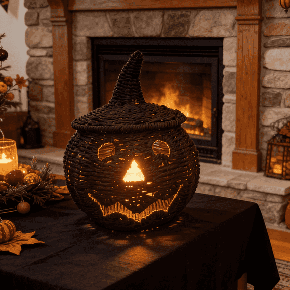 Happy Haunting Wicker Rattan Seagrass Woven & Metal Pumpkin Lantern Basket, Halloween Decorations for Indoor & Outdoor