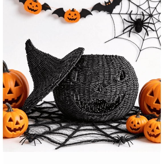 Happy Haunting Seagrass Woven &Metal Pumpkin lantern Basket Halloween Decorations Indoor & Outdoor