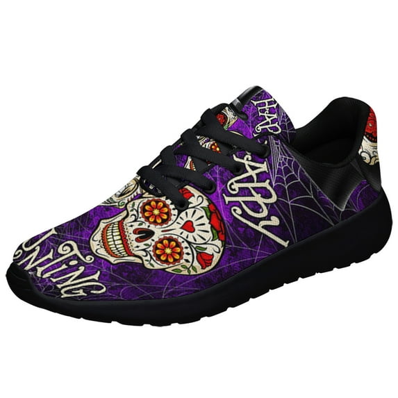Happy Haunting Sugar Skull Halloween Shoes Sneakers for Women Men Black Size 8
