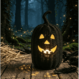 Happy Haunting Wicker Rattan Seagrass Woven & Metal Pumpkin Jack-O'-Lantern Basket with led candle , Rattan Fall Halloween Decorations for Indoor & Outdoor
