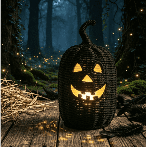 Happy Haunting Wicker Rattan Seagrass Woven & Metal Pumpkin Jack-O'-Lantern Basket with led candle , Rattan Fall Halloween Decorations for Indoor & Outdoor