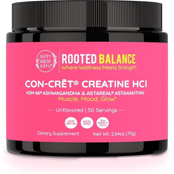 Happy Healthy Hippie Creatine HCl Powder with KSM-66 Ashwagandha | Vegan Creatine for Women | 38x Solubility vs Monohydrate | Hormone Balance | Minimal Bloat | Unflavored, 50 Servings