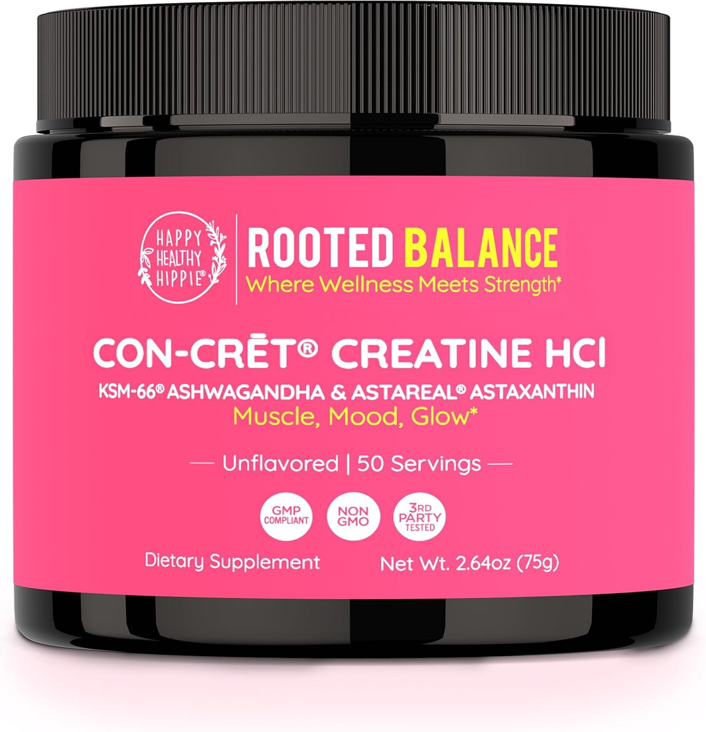 Happy Healthy Hippie Creatine HCl Powder with KSM-66 Ashwagandha | Vegan Creatine for Women | 38x Solubility vs Monohydrate | Hormone Balance | Minimal Bloat | Unflavored, 50 Servings