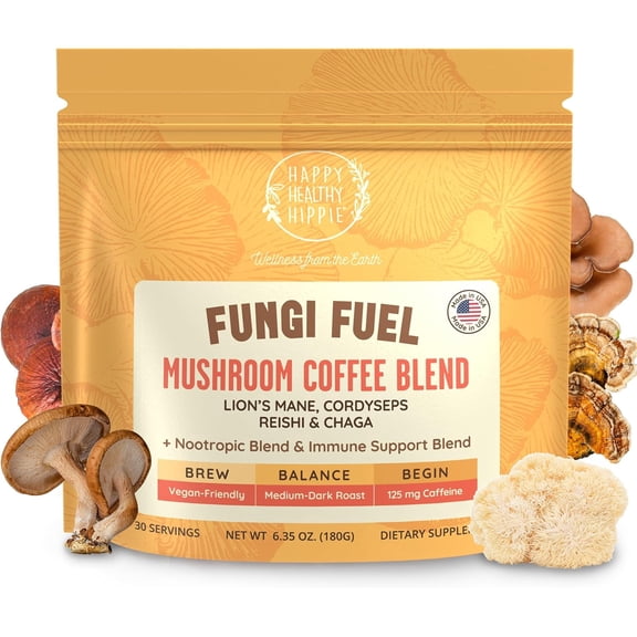 Happy Healthy Hippie Mushroom Coffee Instant with 125mg Caffeine Lions Mane, Cordyceps, Reishi & Chaga | Adaptogen Nootropic Instant Mushroom Coffee for Energy & Focus | Medium Roast 30 Servings