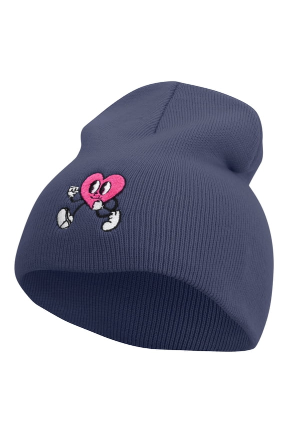 Happy Heart Character Embroidered 8 inch Acrylic Short Beanie - Navy OSFM