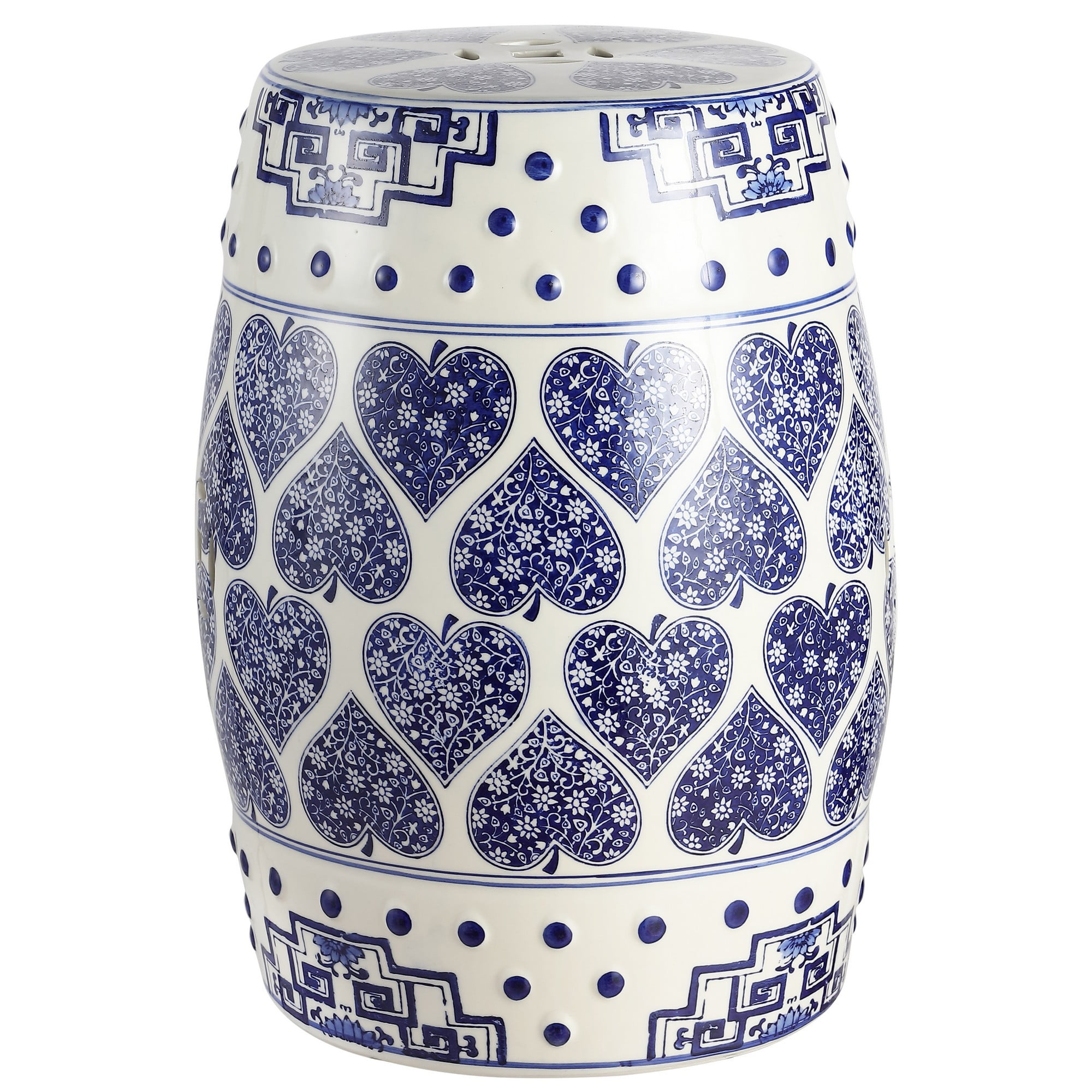 Blue and White Ceramic Chinoiserie Drum Garden Stool, 17.8"
