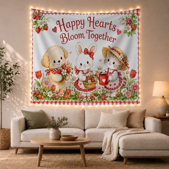 Happy Hearts Bloom Together with Puppy Bunny Garden, Playful Cottagecore Style for Animal Lovers, Floral Art, Valentine's Day Gift, Tapestry Wall Hanging for Nursery and Bedroom