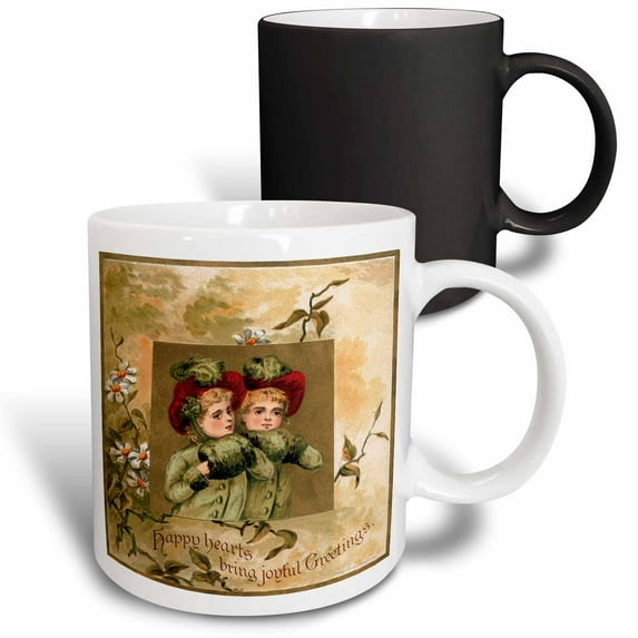 3drose, Happy Hearts Bring Joyful Greetings Twin Girls in Green with Red Hats, 11oz Magic Transforming Mug