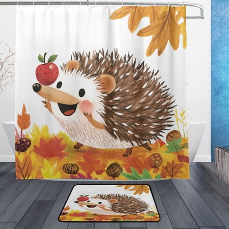 Happy Hedgehog Bathroom Accessory Sets Waterproof Shower Curtain with Anti-Slip Bath Mat Durable Combo
