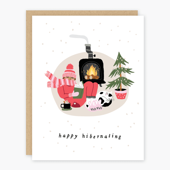 Happy Hibernating Holiday Card  Cozy Winter Scene with Fire, Cat & Tree  Blank Inside, Envelope Included  Perfect for Friends and Family