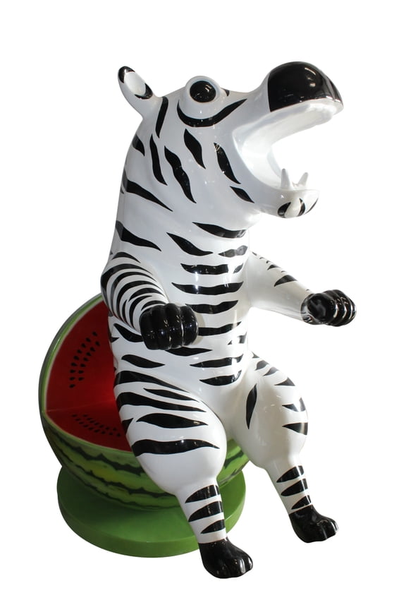 Happy Hippo Wearing Pajamas on a Watermelon Fiberglass statue – Fiberglass Statue, Home Decor, 40"L x 58"W x 67"H