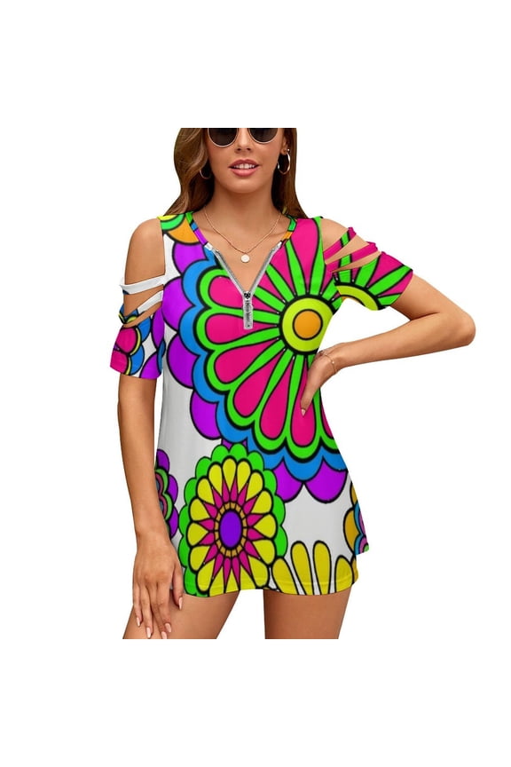 Happy Hippy Flowers Lotus Leaf Neck T-Shirt Long Sleeve Women'S T Shirt Elegant Fashion Tops & Tees Hippie Flower Vector Floral