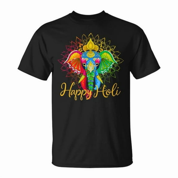 Happy Holi Festival 2024 T-Shirt, India Colors Celebration Tee with Elephant Graphic, Hindu Spring Festival Shirt for Men, Women, Kids, Cultural Color Splash Party Outfit, Desi , Size XL, Color Black