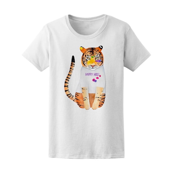 Happy Holi Smiling Tiger Cat T-Shirt Women -Image by Shutterstock, Female Medium