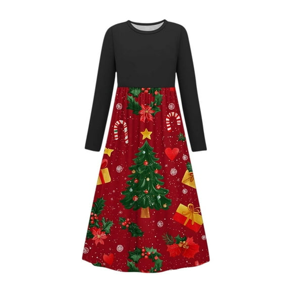 Happy Holiday Christmas Casual for Girls Fall Summer Long Sleeve Crew Neck Spandex Print Maxi Long Dresses Girl 2025 Clothing Regular Fit Country Concert
