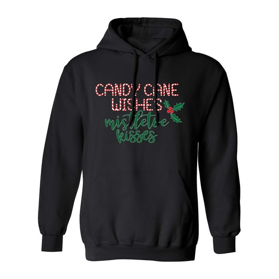 Happy Holidays Candy Cane Wishes Mistletoe Kisses Hoodie-Black-Large