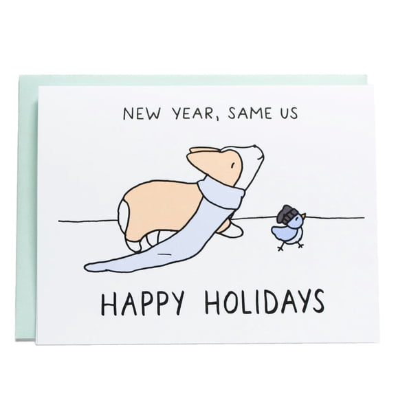 Happy Holidays Card "New Year, Same Us" Design Featuring Corgi and Bird