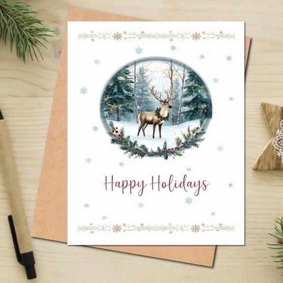 Happy Holidays Card with Reindeer Design Beautiful Snow Globe Illustration Blank Inside, Envelope Included Perfect for Christmas & Holiday Greetings