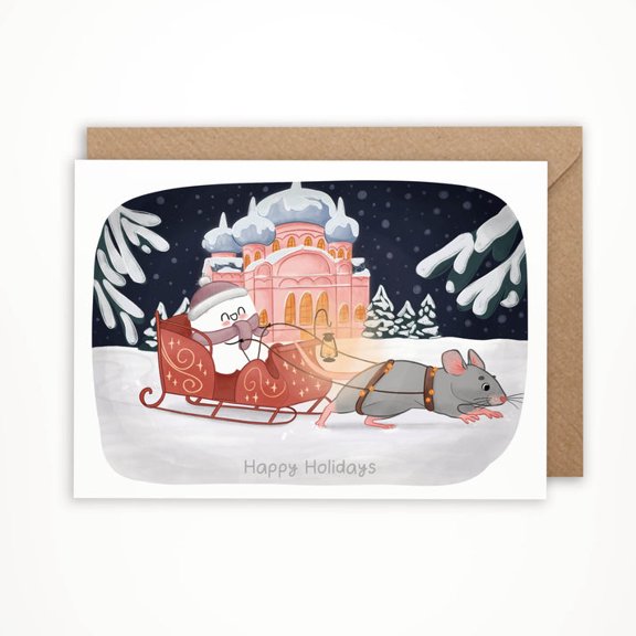Happy Holidays Card – Snowman in Sleigh with Mouse – Cute Winter Design, Blank Inside, Envelope Included – Perfect for Holiday Greetings and Gift Giving