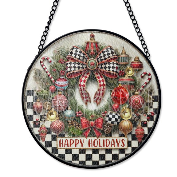 Happy Holidays Checkered Suncatcher Stained Glass Style UV Printed Glass Whimsical Christmas Decor Round