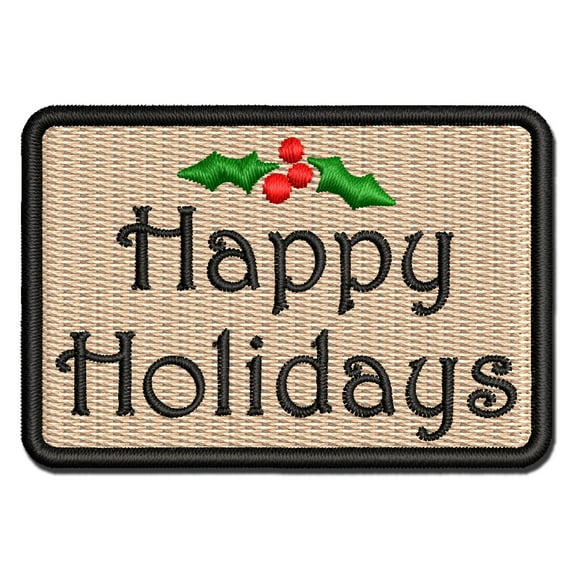 Happy Holidays Christmas Holly Festive Text Applique Multi-Color Embroidered Hook & Loop Patch - 3 Inch Medium