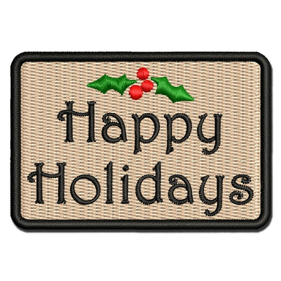 Happy Holidays Christmas Holly Festive Text Applique Multi-Color Embroidered Iron-On Patch - 2.5 Inch Small