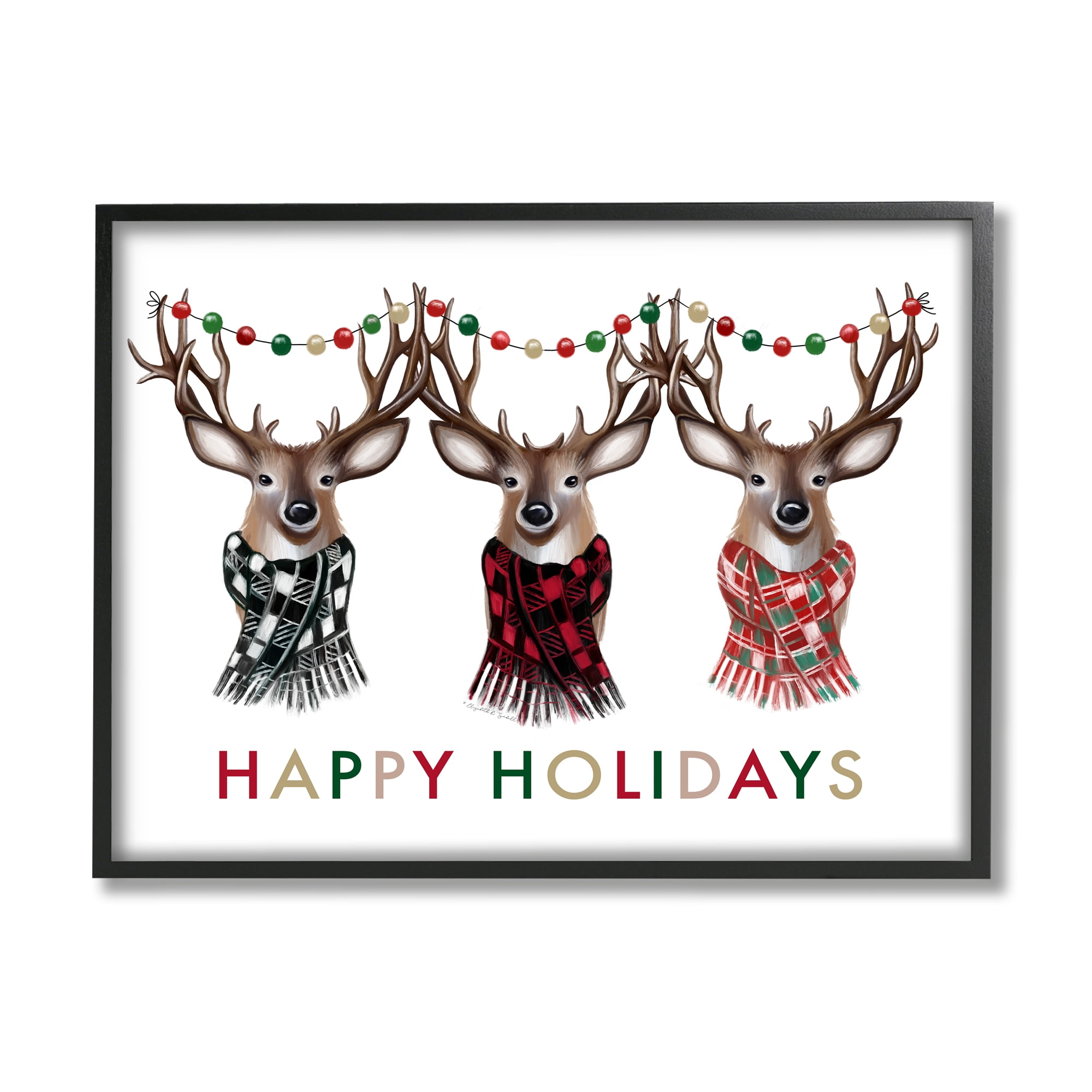 Happy Holidays Christmas Reindeer Antlers Plaid Scarf Animals & Insects Graphic Art Framed Art Print Wall Art