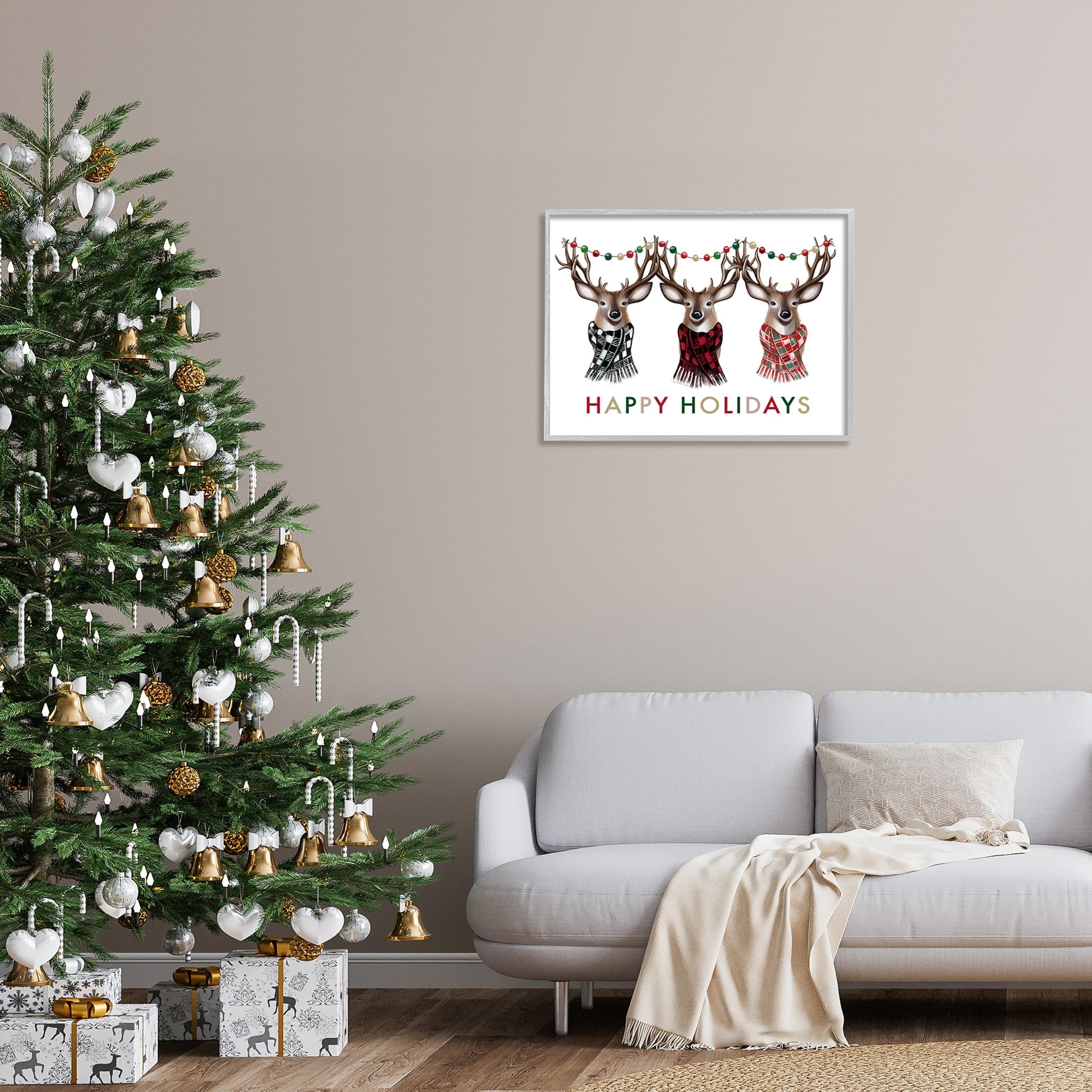 Happy Holidays Christmas Reindeer Antlers Plaid Scarf Animals & Insects Graphic Art Framed Art Print Wall Art