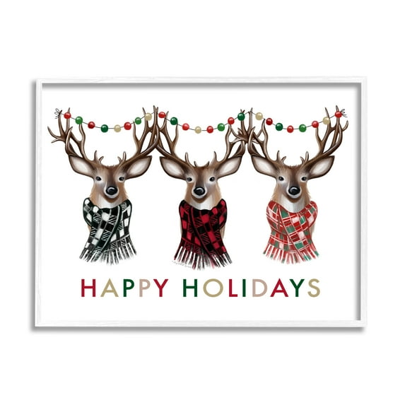 Happy Holidays Christmas Reindeer Antlers Plaid Scarf Animals & Insects Graphic Art Framed Art Print Wall Art
