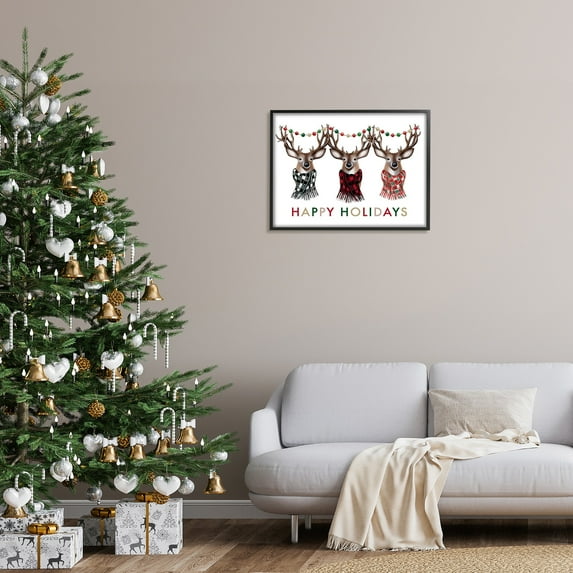 Happy Holidays Christmas Reindeer Antlers Plaid Scarf Animals & Insects Graphic Art Framed Art Print Wall Art