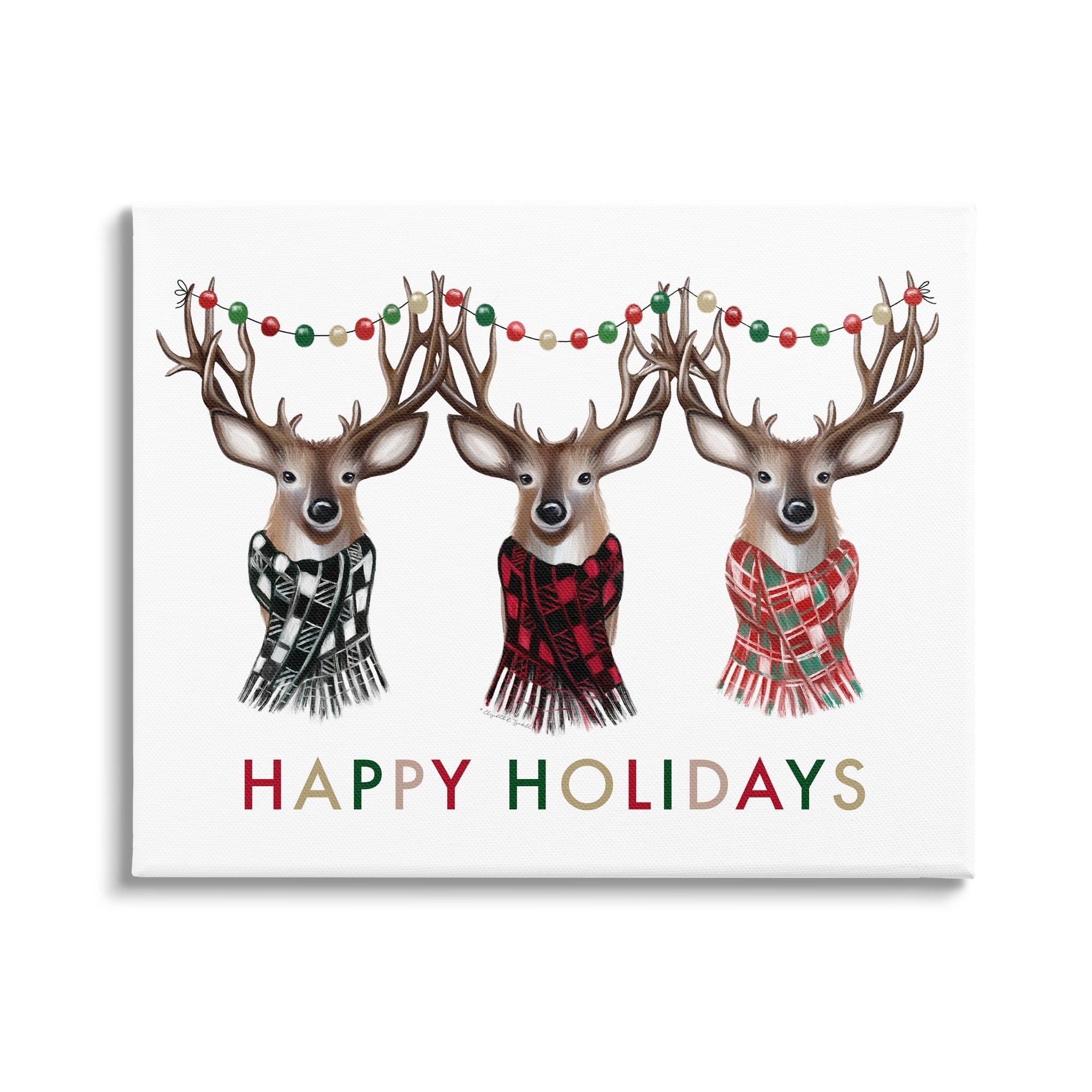 Happy Holidays Christmas Reindeer Antlers Plaid Scarf Animals & Insects Graphic Art Gallery-Wrapped Canvas Print Wall Art