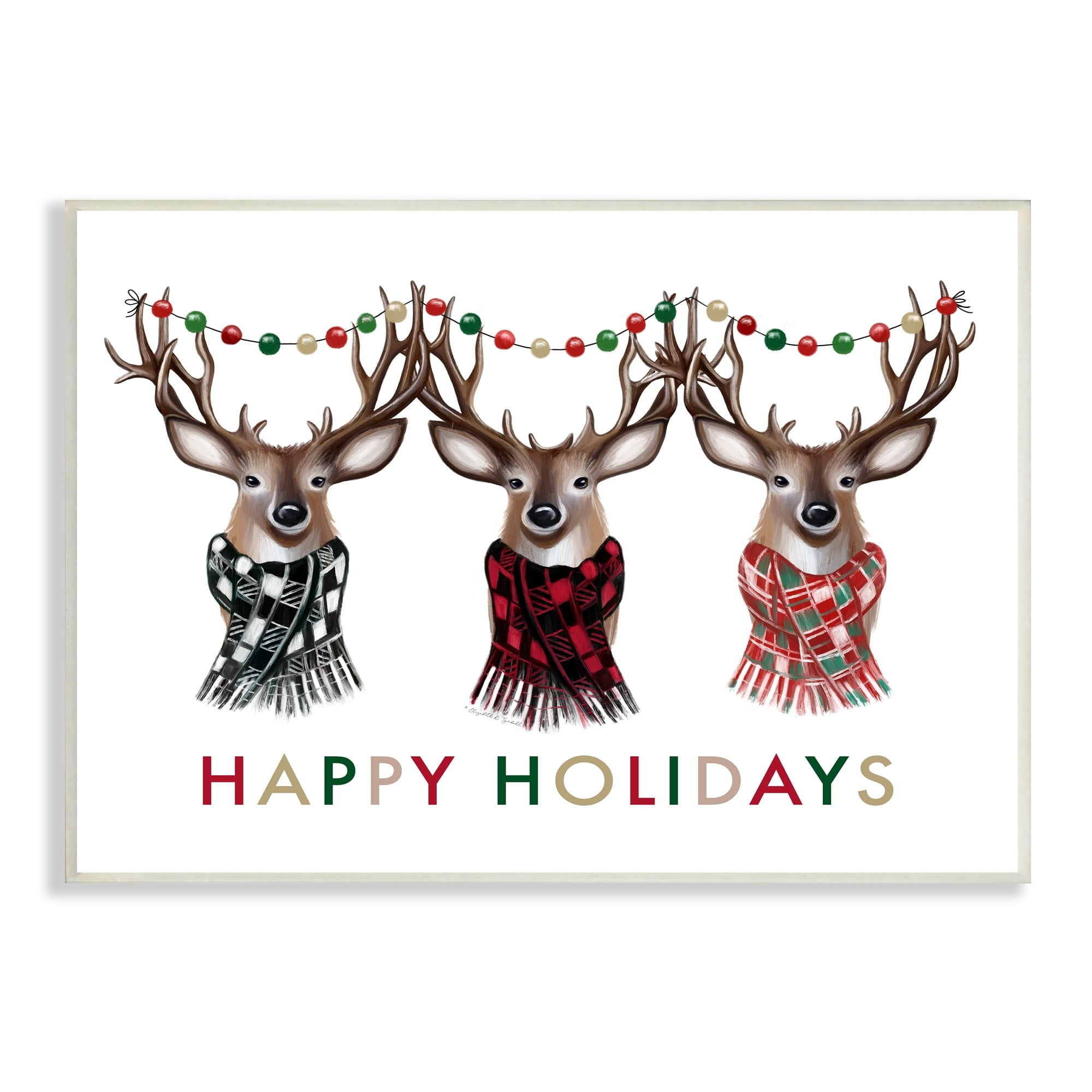 Happy Holidays Christmas Reindeer Antlers Plaid Scarf Animals & Insects Graphic Art Unframed Art Print Wall Art