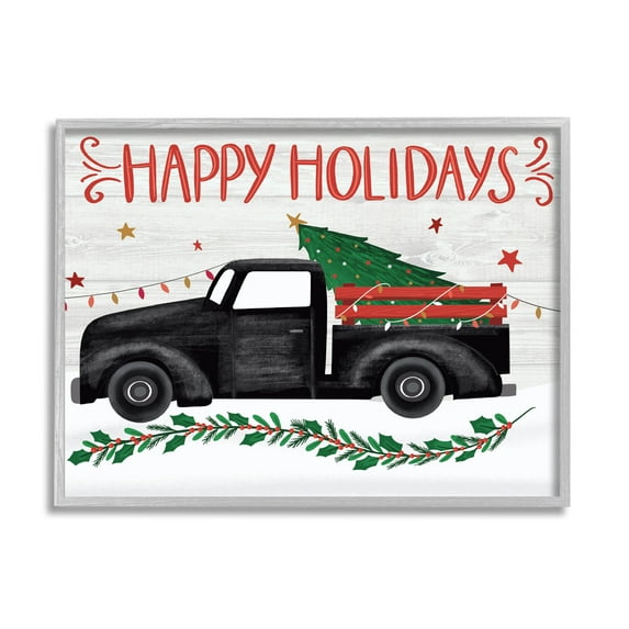 Happy Holidays Christmas Tree Truck Holiday Graphic Art Gray Framed Art Print Wall Art