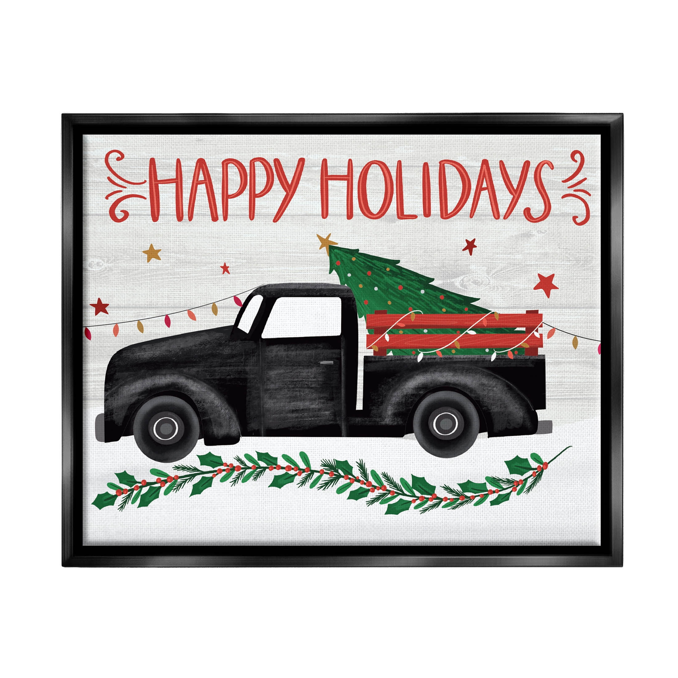 Happy Holidays Christmas Tree Truck Holiday Graphic Art Jet Black Framed Art Print Wall Art